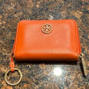 Tory Burch Bright Orange Zip-Around Card Wallet with Key Ring